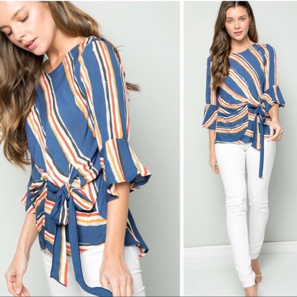 Woven Striped Front Tie Ruffle Top - Picture 4 of 6